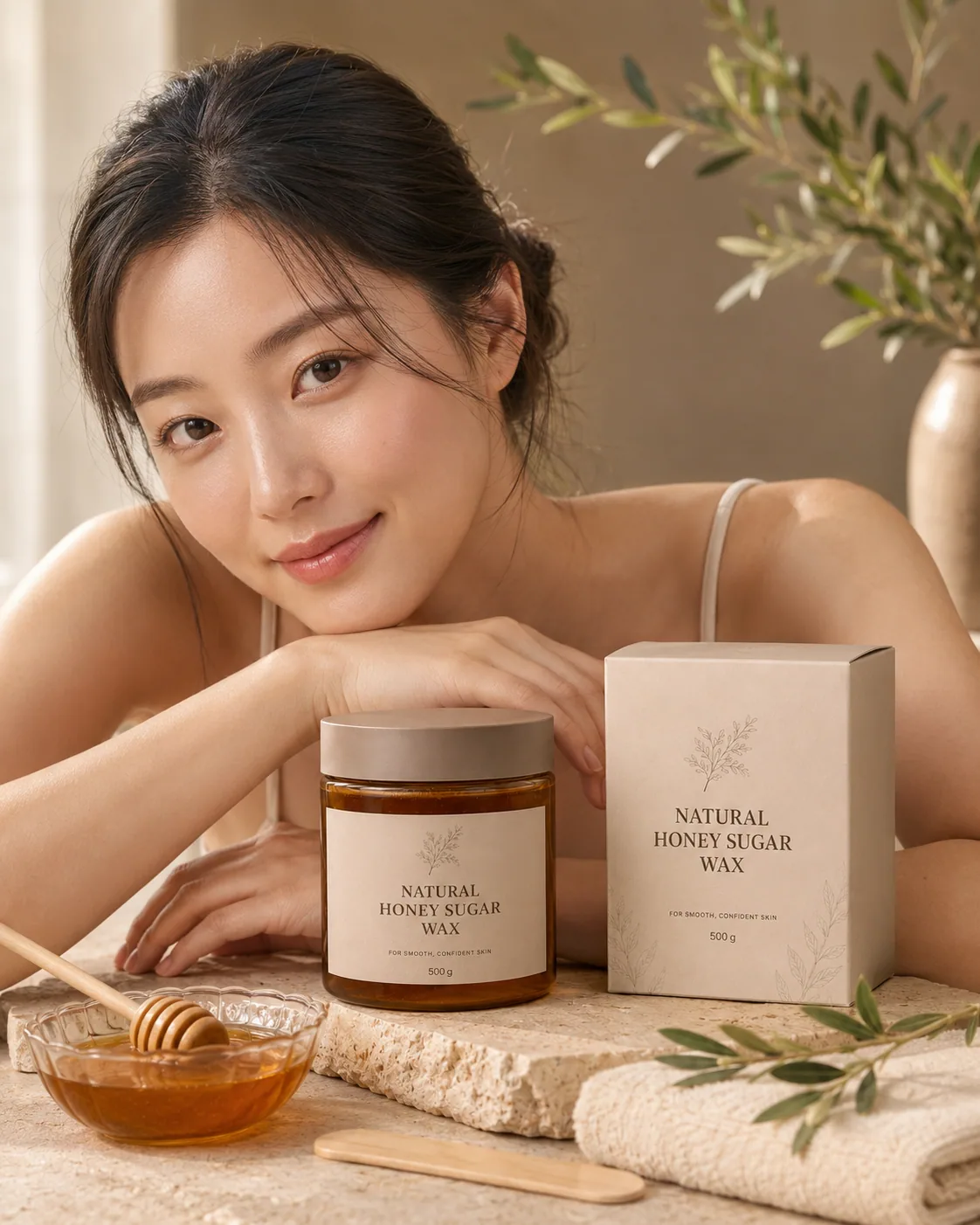 온멜 허니 슈가 왁스와 함께한 편안한 바디케어 장면