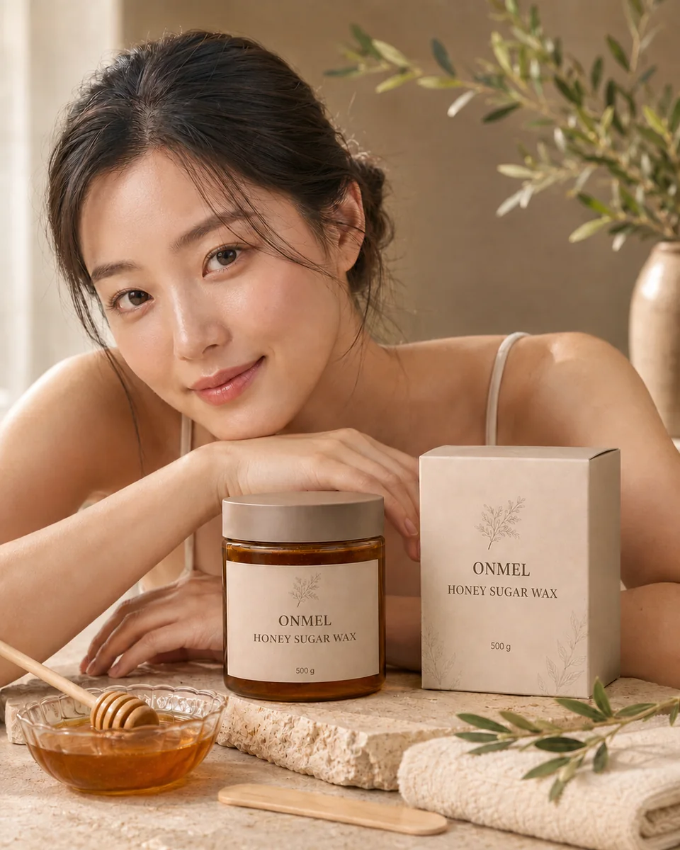 따뜻한 자연광 속 모델과 ONMEL 허니 슈가 왁스 에디토리얼
